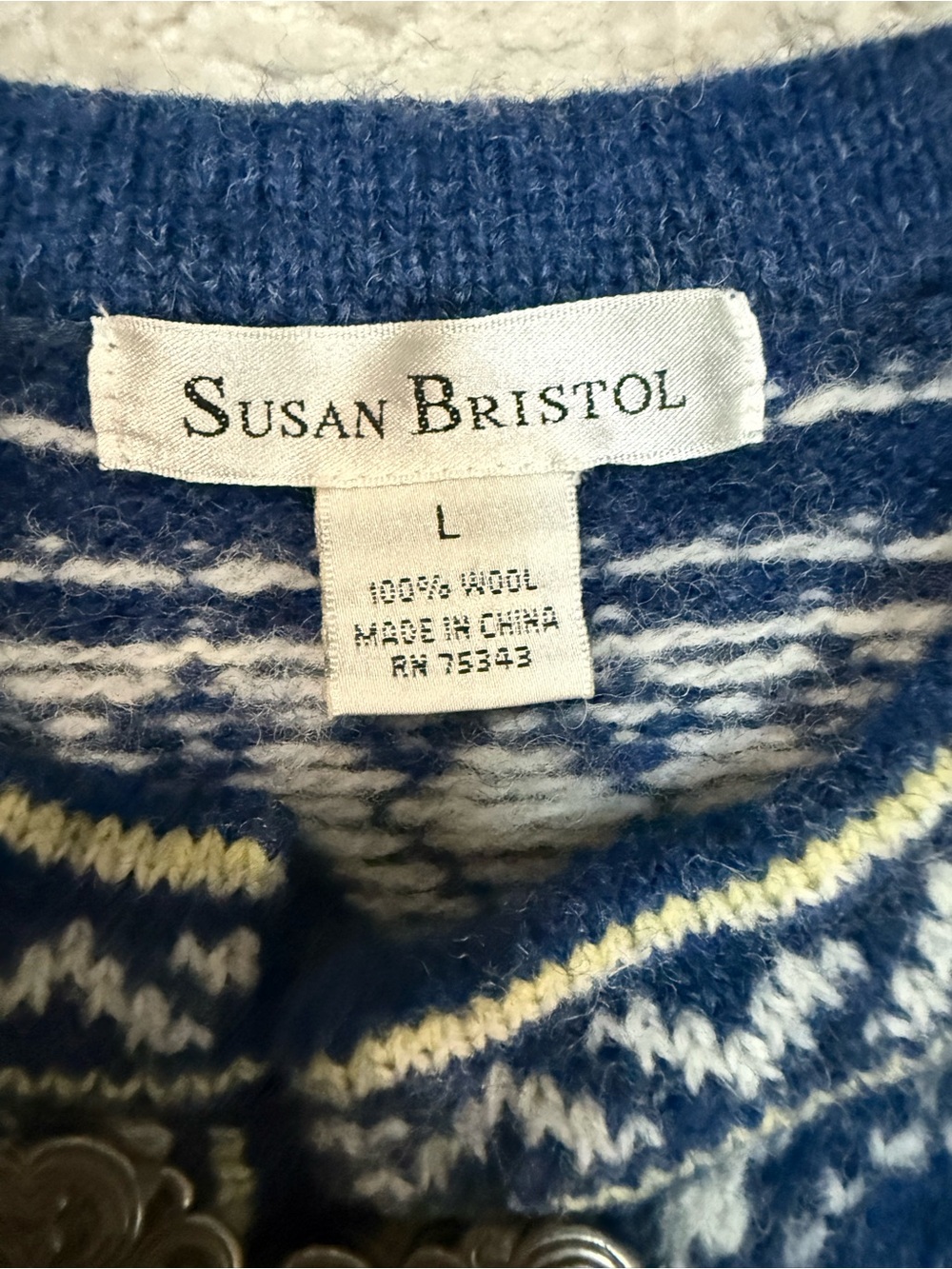 Susan Bristol 100% Wool Fair Isle Nordic Cardigan L Metal Clasps Blue Cream - Picture 3 of 7